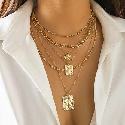 Layered Vintage Charm Choker Necklace Set with Coin and Geometric Pendants, 6 Piece