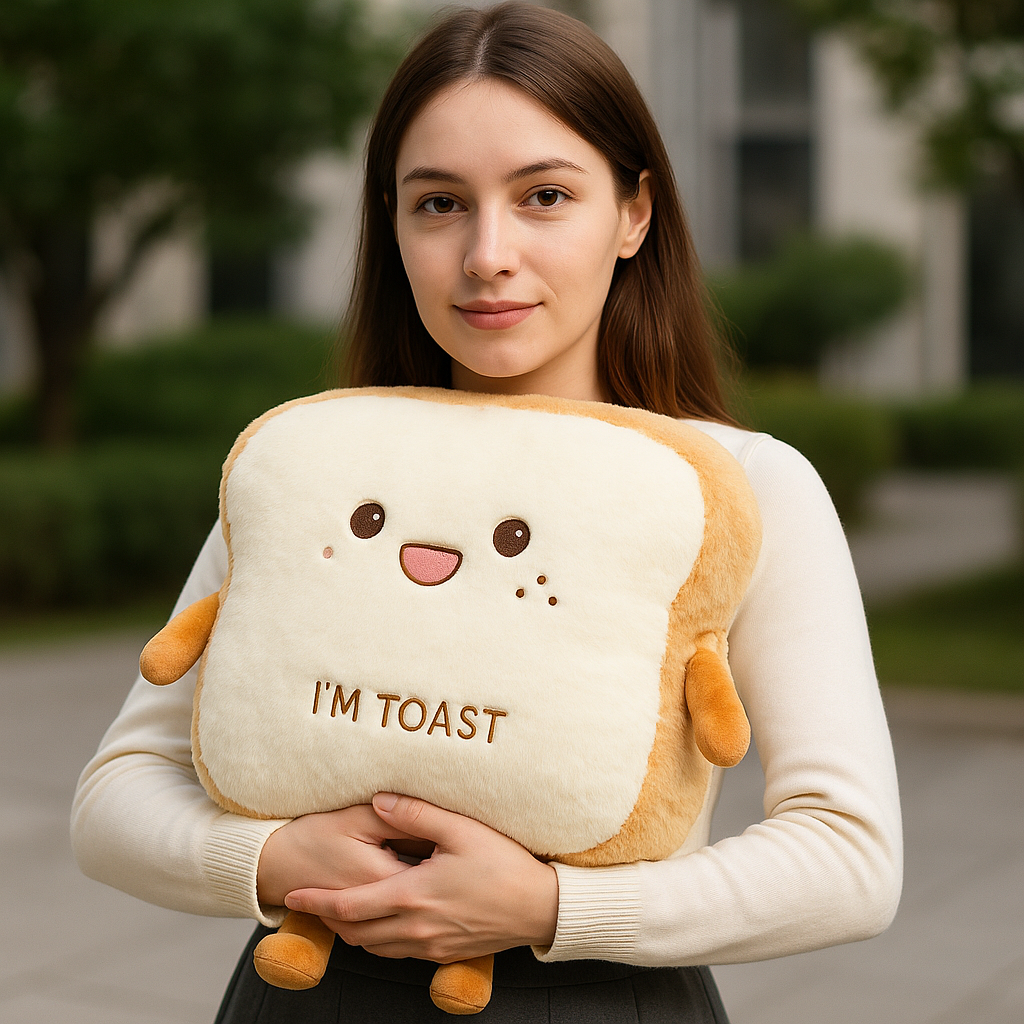Plush Toast-Shaped Hand Warmer Pillow with Built-in Pocket and Cotton Filling