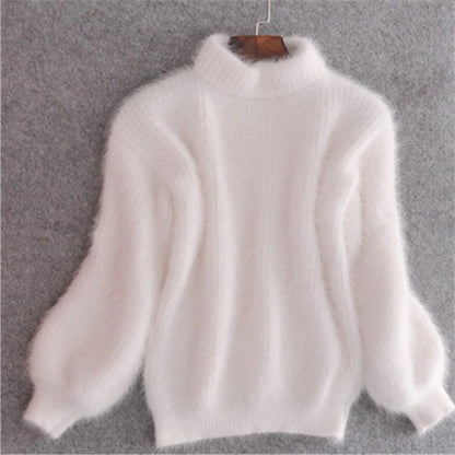 Womens Fuzzy Mock Neck Sweater with Balloon Sleeves and Oversized Fit, Solid Colors