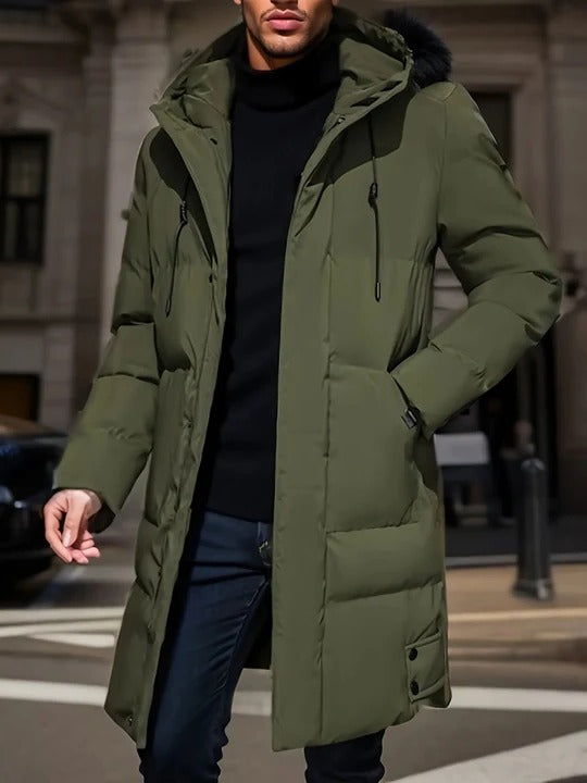 Mens Long Winter Jacket with Adjustable Hood and Multiple Exterior Pockets