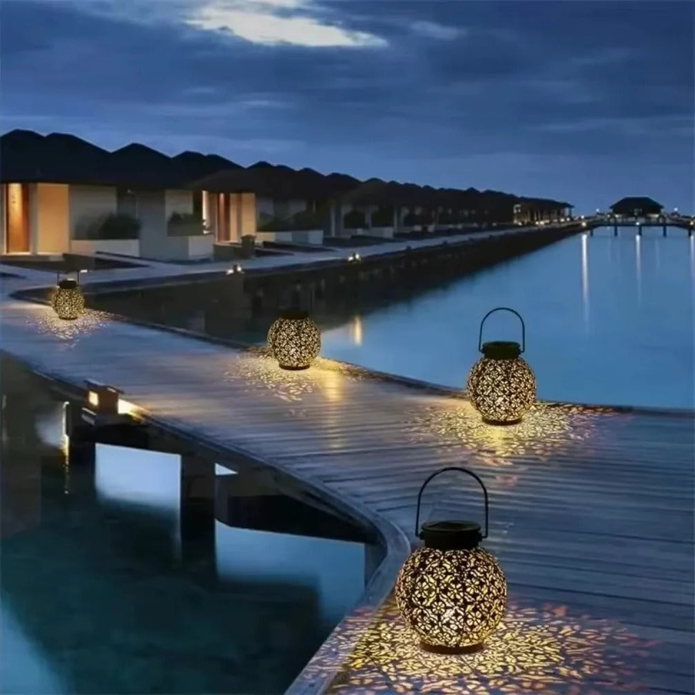 Solar LED Lantern - Wrought Iron Hollow Design for Outdoor Decor