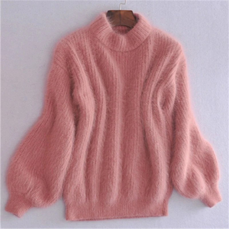 Womens Fuzzy Mock Neck Sweater with Balloon Sleeves and Oversized Fit, Solid Colors