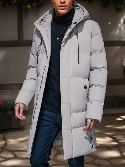 Mens Long Winter Jacket with Adjustable Hood and Multiple Exterior Pockets