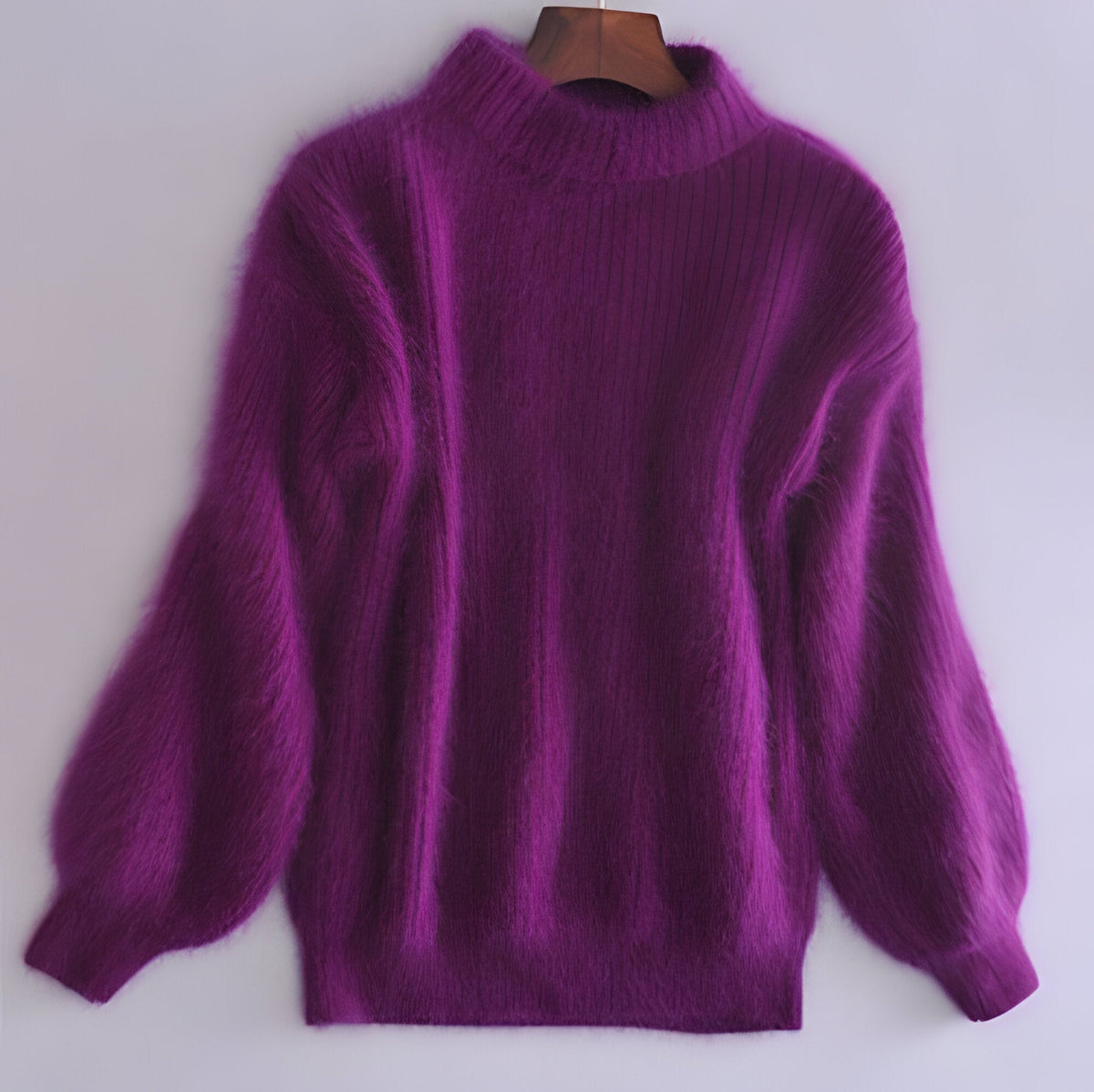 Womens Fuzzy Mock Neck Sweater with Balloon Sleeves and Oversized Fit, Solid Colors