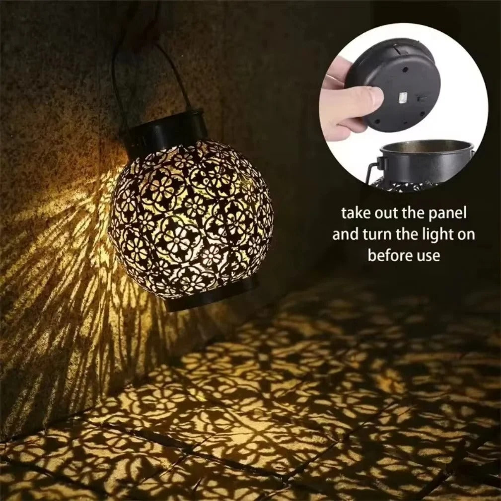 Solar LED Lantern - Wrought Iron Hollow Design for Outdoor Decor