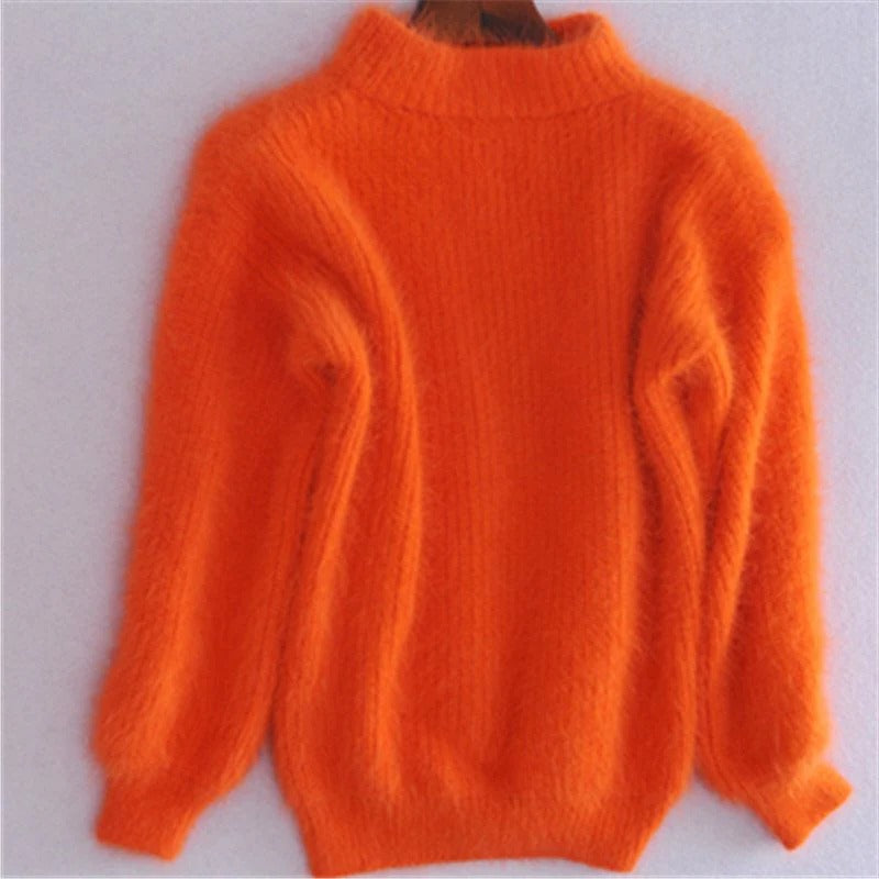 Womens Fuzzy Mock Neck Sweater with Balloon Sleeves and Oversized Fit, Solid Colors