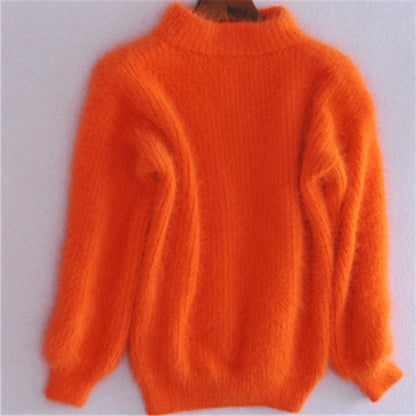 Womens Fuzzy Mock Neck Sweater with Balloon Sleeves and Oversized Fit, Solid Colors