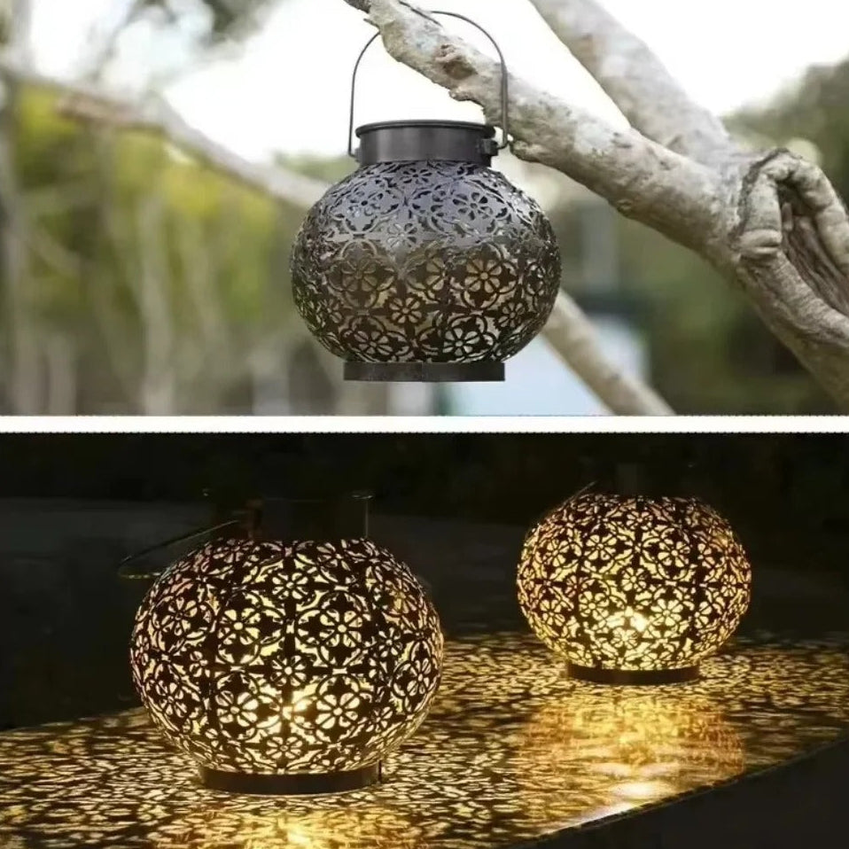 Solar LED Lantern - Wrought Iron Hollow Design for Outdoor Decor