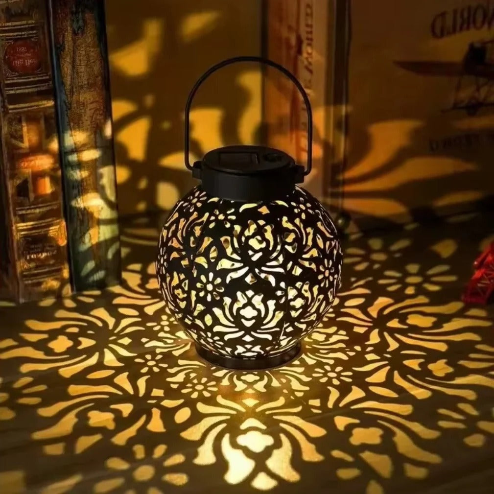 Solar LED Lantern - Wrought Iron Hollow Design for Outdoor Decor