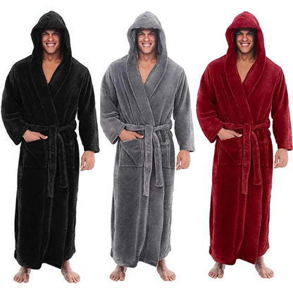 Mens Hooded Bathrobe with Pockets, Plush Fleece Material