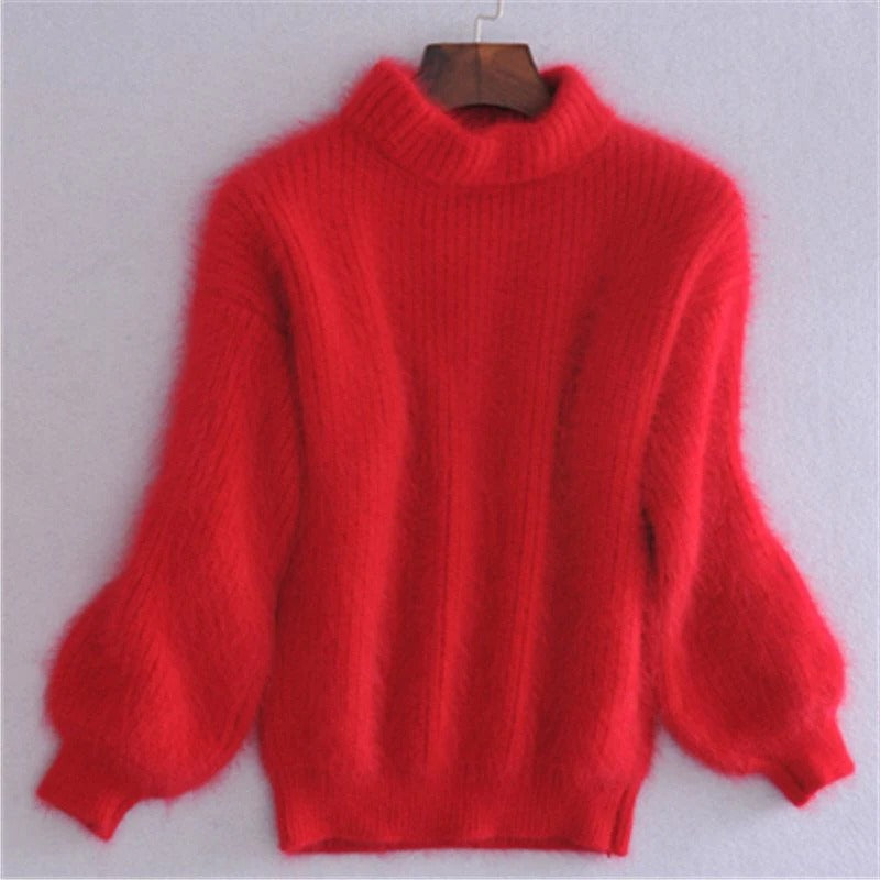 Womens Fuzzy Mock Neck Sweater with Balloon Sleeves and Oversized Fit, Solid Colors