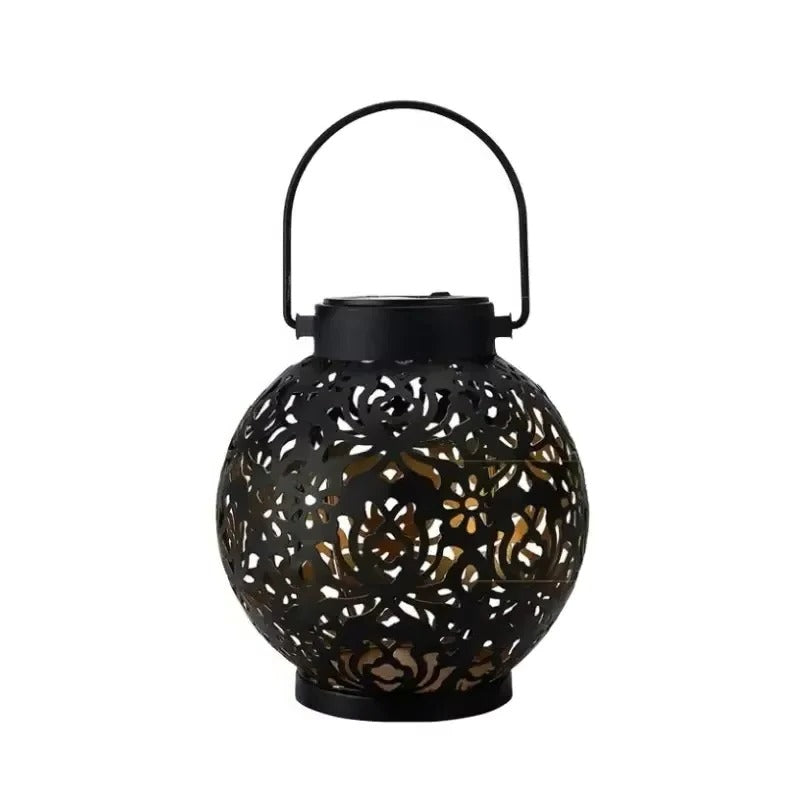 Solar LED Lantern - Wrought Iron Hollow Design for Outdoor Decor
