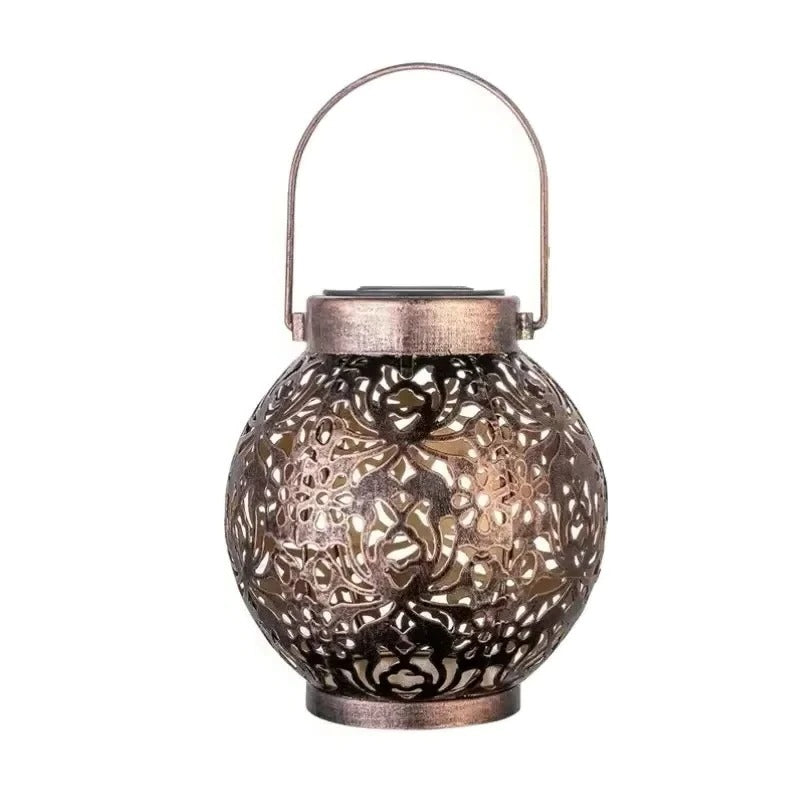 Solar LED Lantern - Wrought Iron Hollow Design for Outdoor Decor