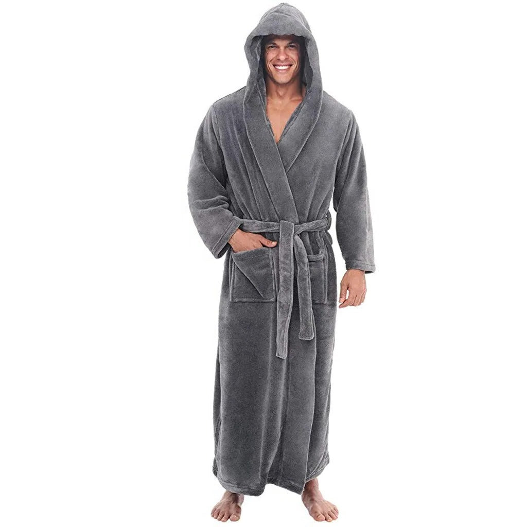 Mens Hooded Bathrobe with Pockets, Plush Fleece Material