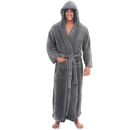 Mens Hooded Bathrobe with Pockets, Plush Fleece Material