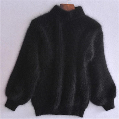 Womens Fuzzy Mock Neck Sweater with Balloon Sleeves and Oversized Fit, Solid Colors