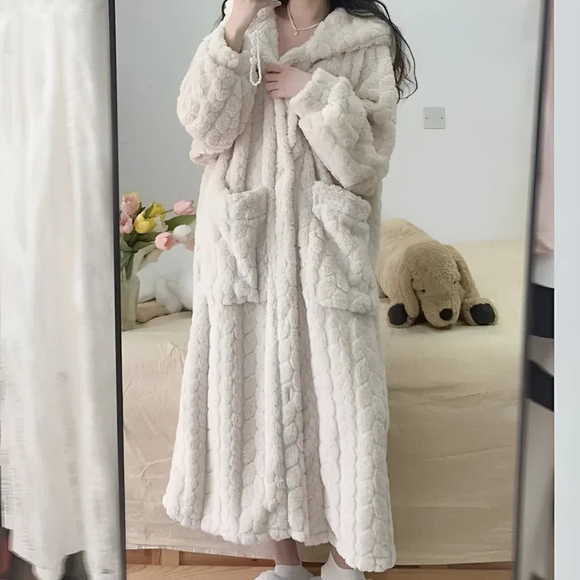 Hooded Long Sleeve Bathrobe for Women, Winter Lounge Wear