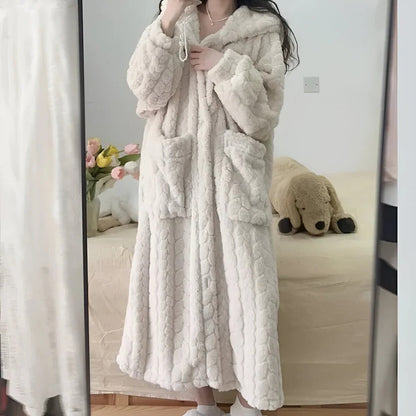 Hooded Long Sleeve Bathrobe for Women, Winter Lounge Wear