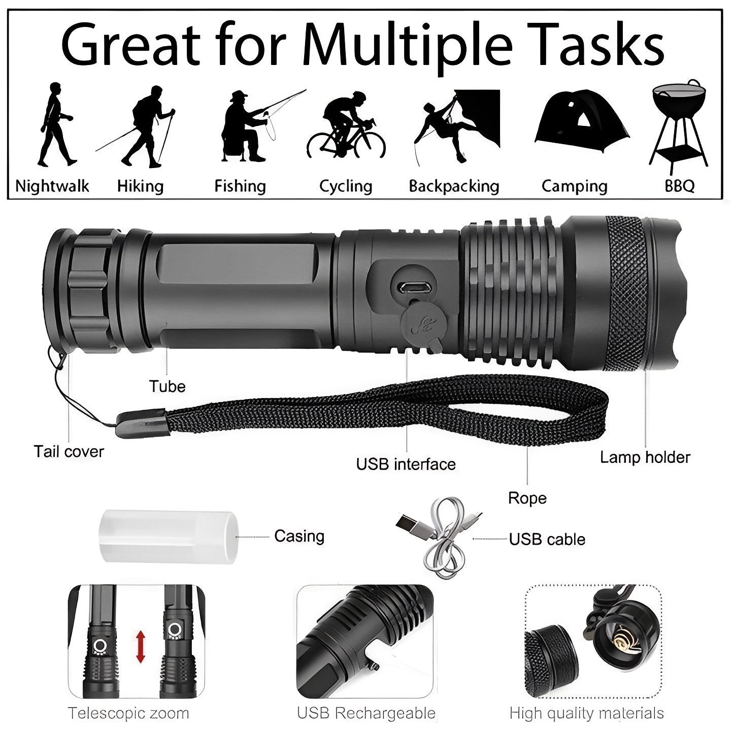Rechargeable LED Flashlight with Multiple Brightness Modes