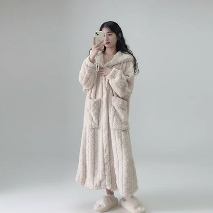 Hooded Long Sleeve Bathrobe for Women, Winter Lounge Wear