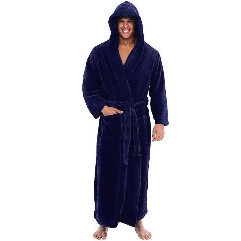Mens Hooded Bathrobe with Pockets, Plush Fleece Material