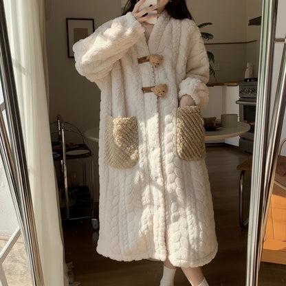 Hooded Long Sleeve Bathrobe for Women, Winter Lounge Wear