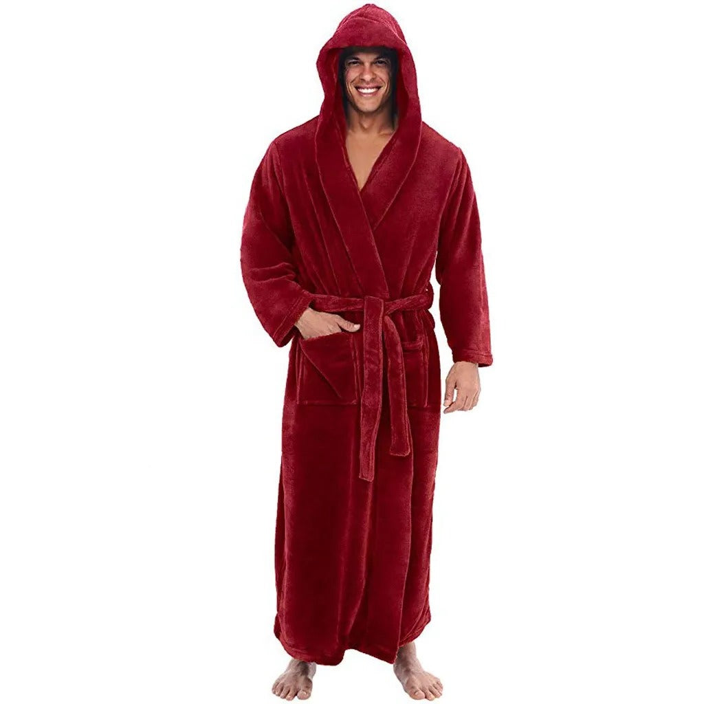 Mens Hooded Bathrobe with Pockets, Plush Fleece Material