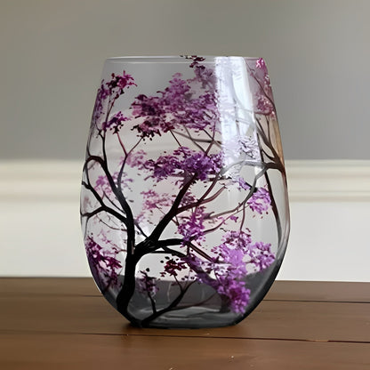 Painted Wine Glass with Four Seasons Tree Design, 12 oz