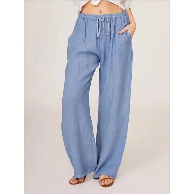 Cotton Linen Wide Leg Trousers with Elastic Waist and Pockets for Women