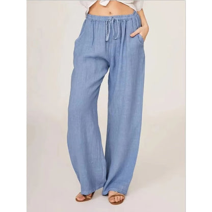 Cotton Linen Wide Leg Trousers with Elastic Waist and Pockets for Women