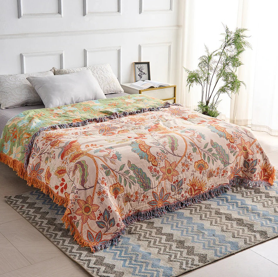 Cotton Floral Throw Blanket with Boho Fringe Design
