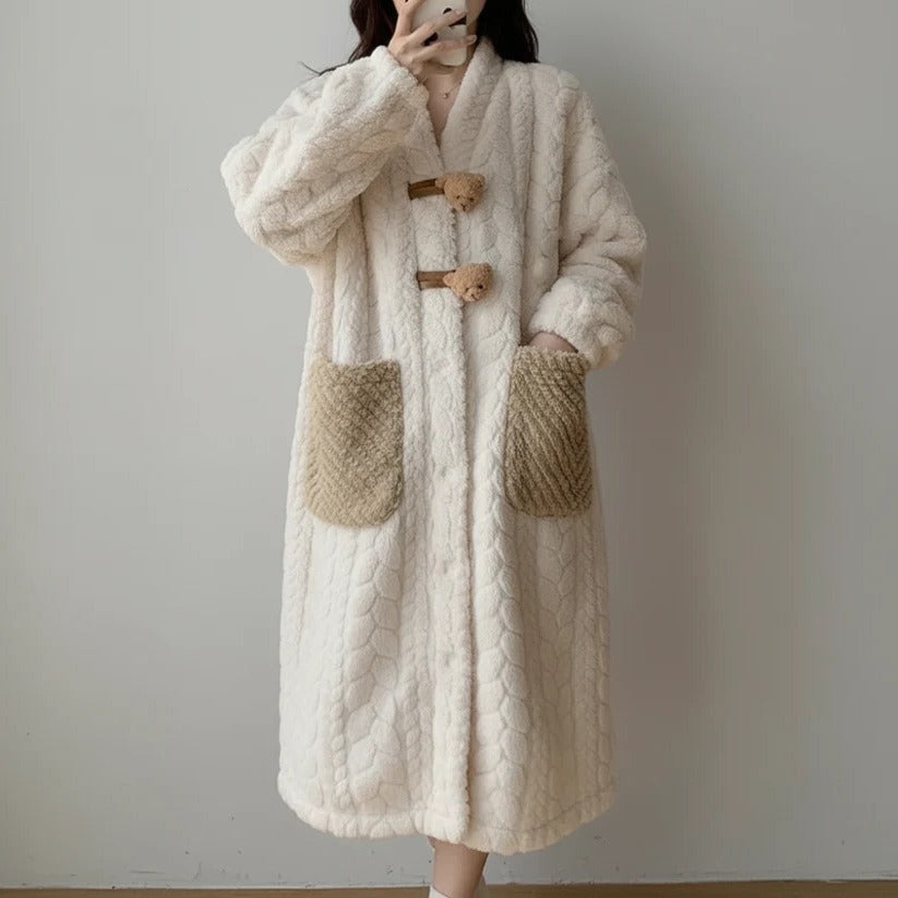 Hooded Long Sleeve Bathrobe for Women, Winter Lounge Wear