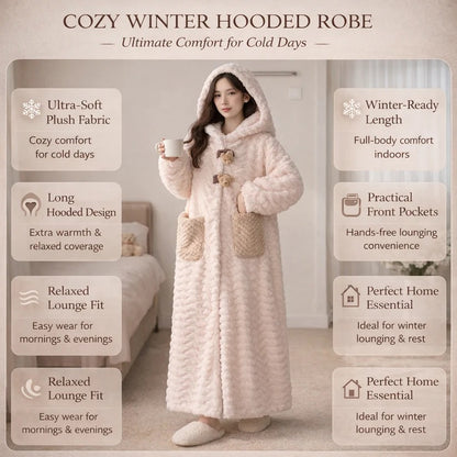 Hooded Long Sleeve Bathrobe for Women, Winter Lounge Wear
