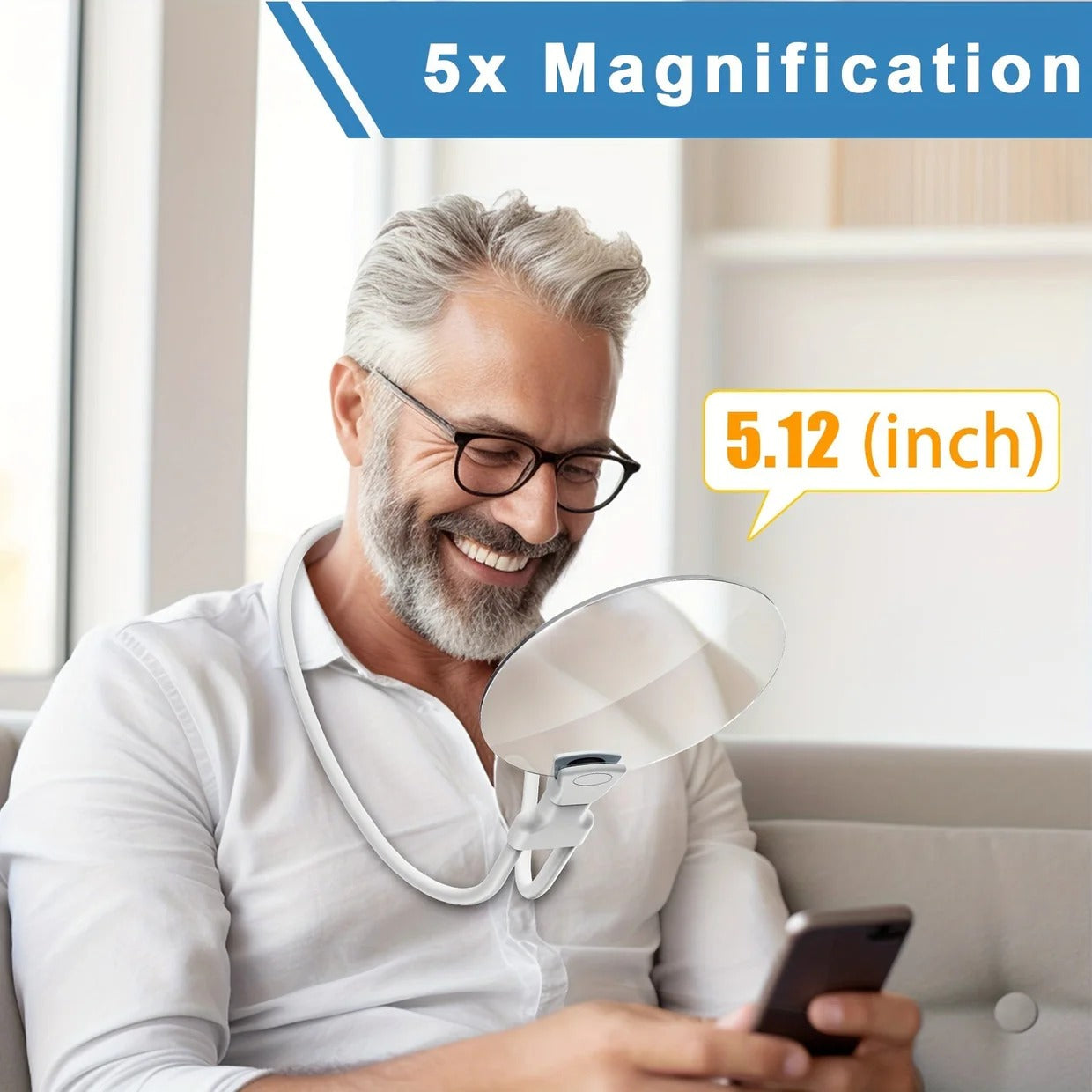 Ergonomic Hands-Free Magnifying Glass with 5X Magnification and Adjustable Neck Strap