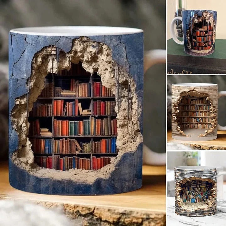 Ceramic Coffee Mug with 3D Bookshelf Design