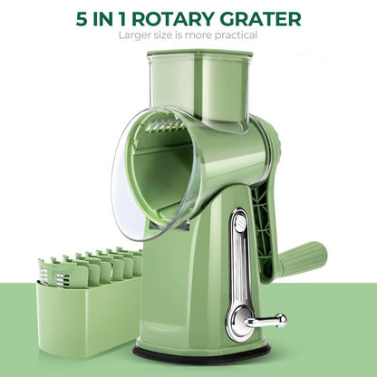 Rotary Grater with Five Interchangeable Blades and Suction Cup Base