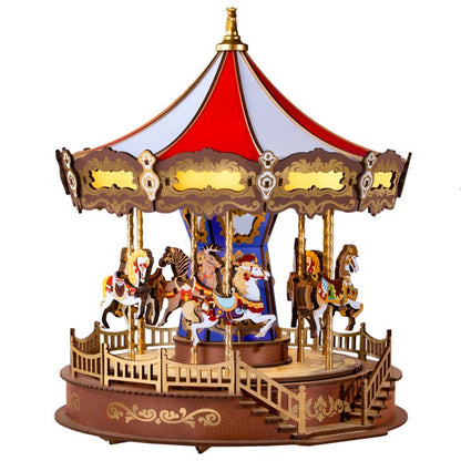 3D Wooden Carousel Music Box with Light, Moveable Puzzle Design