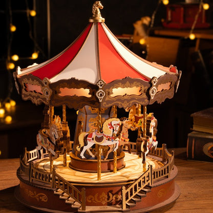 3D Wooden Carousel Music Box with Light, Moveable Puzzle Design