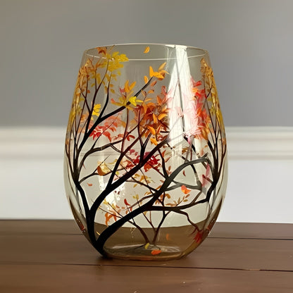 Painted Wine Glass with Four Seasons Tree Design, 12 oz
