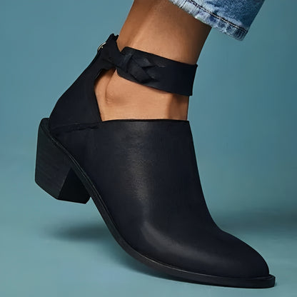 Block Heel Ankle Boots for Women with Braided Strap and Side Zip