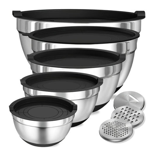 Stainless Steel Mixing Bowl Collection with Airtight Covers and Grip Bottom, Set of 8