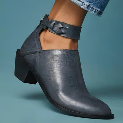 Block Heel Ankle Boots for Women with Braided Strap and Side Zip