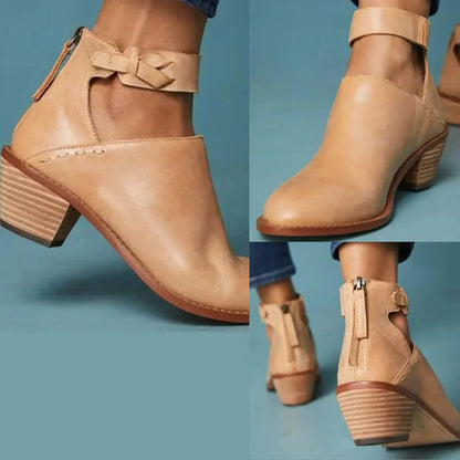 Block Heel Ankle Boots for Women with Braided Strap and Side Zip