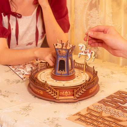 3D Wooden Carousel Music Box with Light, Moveable Puzzle Design