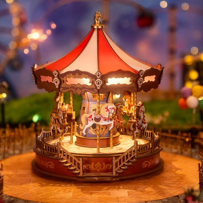 3D Wooden Carousel Music Box with Light, Moveable Puzzle Design