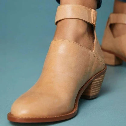 Block Heel Ankle Boots for Women with Braided Strap and Side Zip