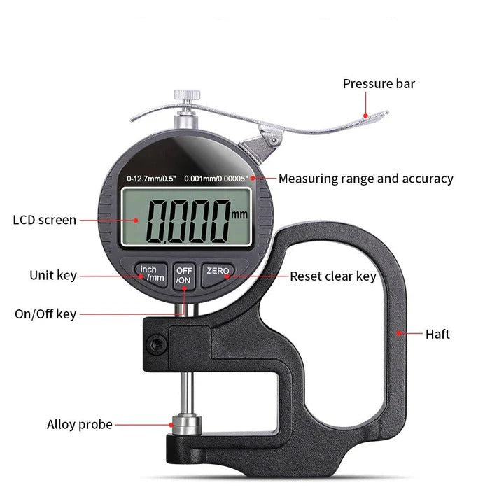 Digital Thickness Gauge with LCD Screen and Metric Imperial Reading