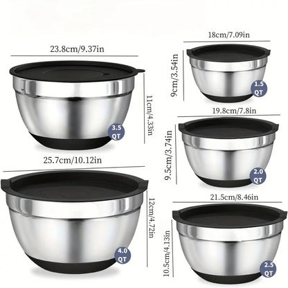 Stainless Steel Mixing Bowl Collection with Airtight Covers and Grip Bottom, Set of 8