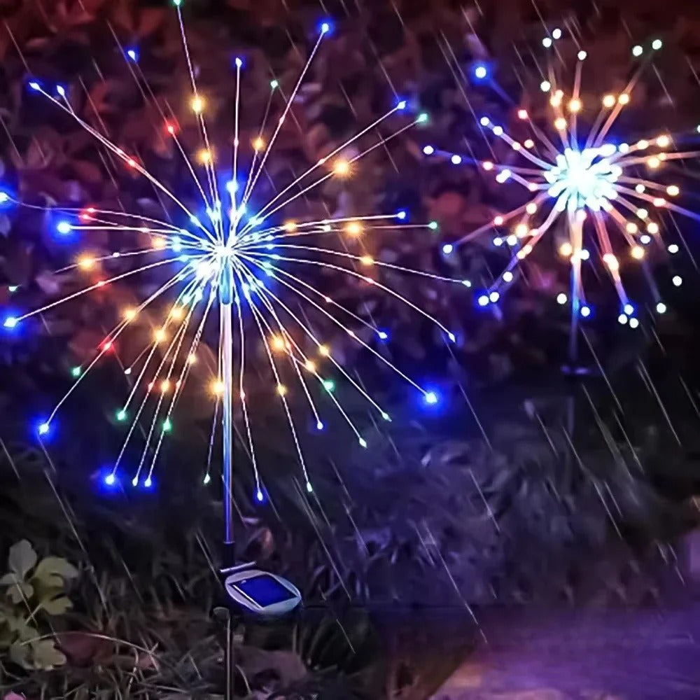 Solar Powered Fireworks Design Garden Stake Light with 90 and 150 LED Waterproof Outdoor Display