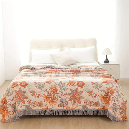 Cotton Floral Throw Blanket with Boho Fringe Design